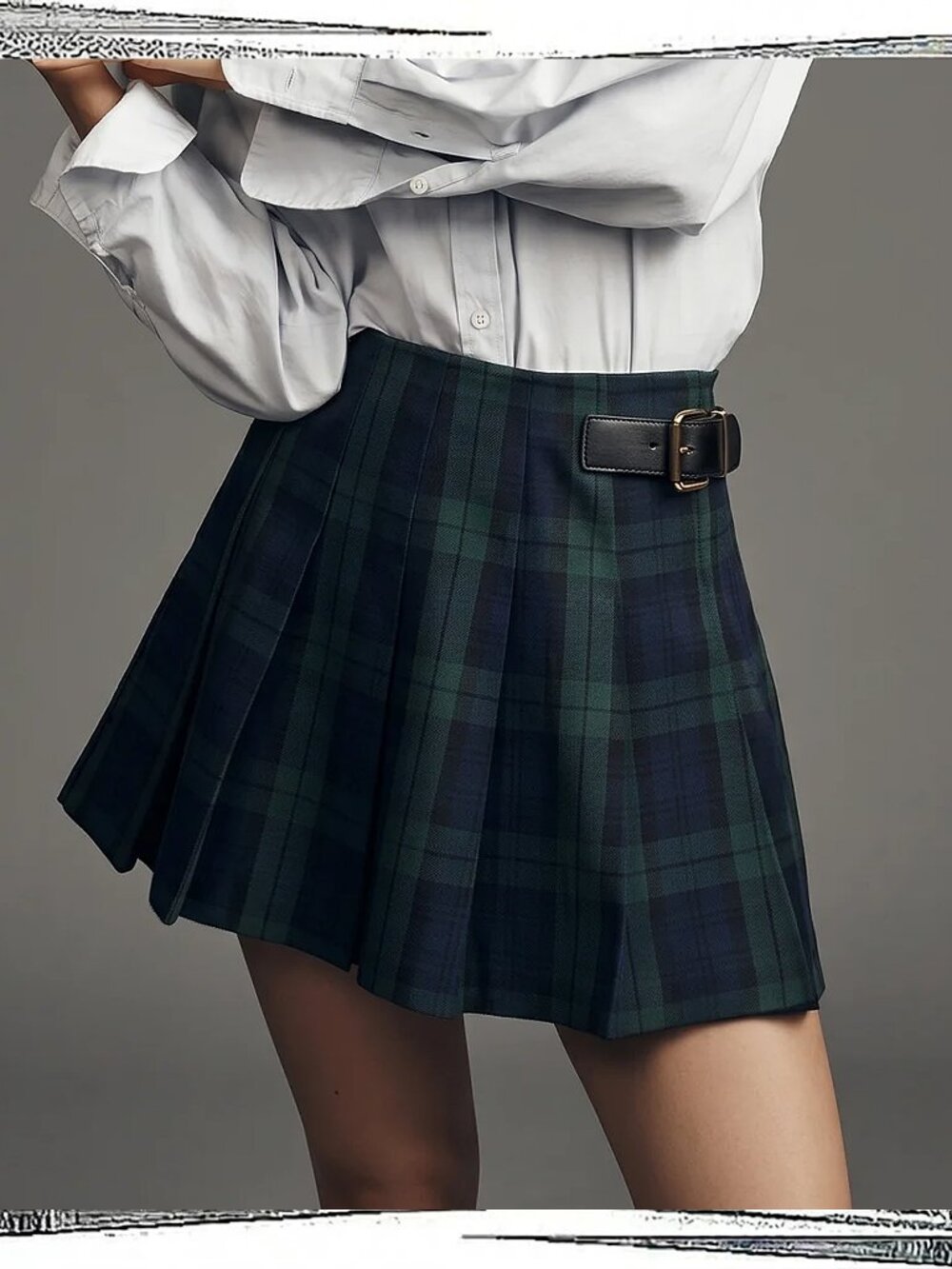 NWT: Green Blue & Black Plaid Pleated Buckle Front Mini Skirt (XS)